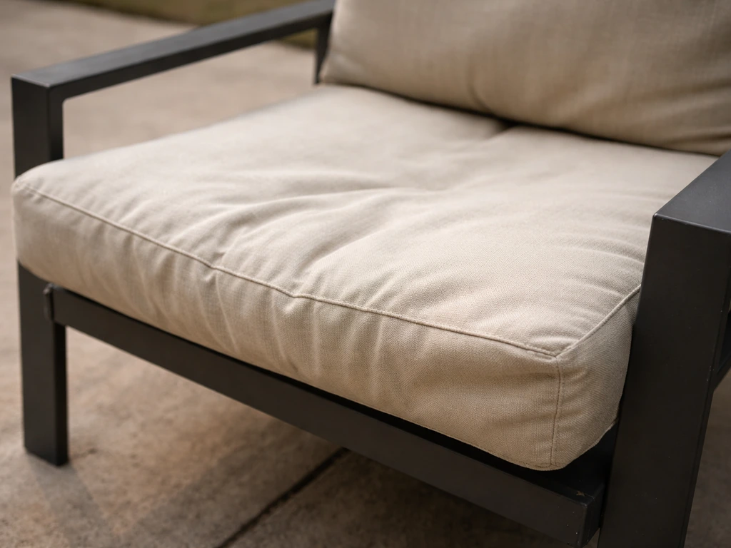 Outdoor cushion with wrinkled cover and visibly compressed foam showing wear after use.