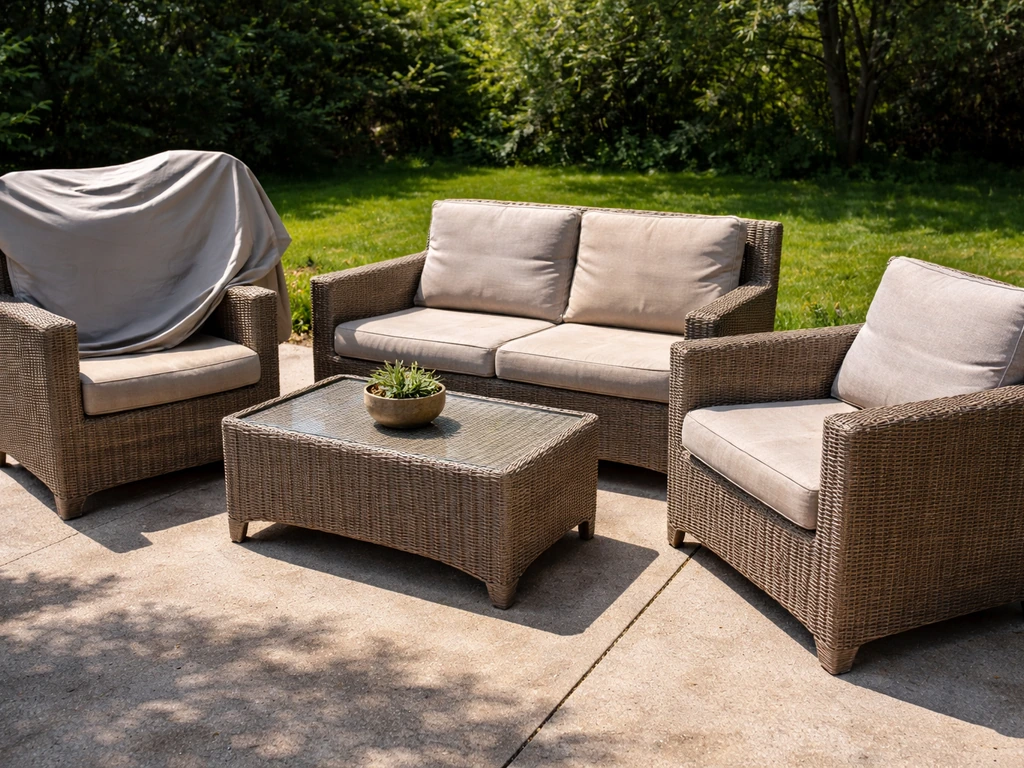 Outdoor patio set in sun with some fading and a protective cover ready for use
