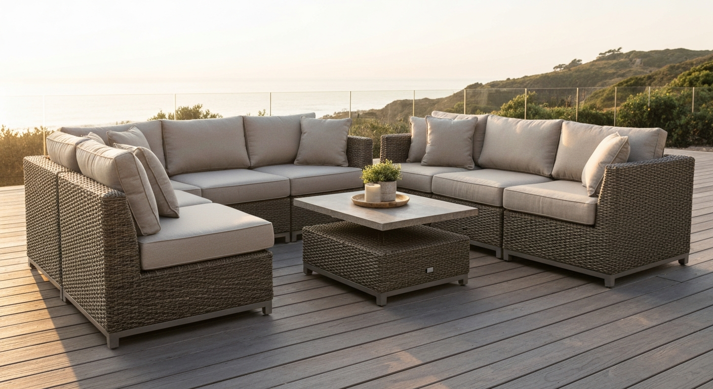 Upscale outdoor patio with a Patio Renaissance–style aluminum-frame, HDPE-wicker sectional and stone-top coffee table, neutral Sunbrella cushions, shown at golden hour.