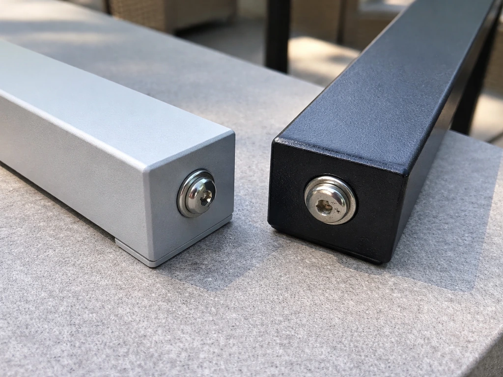 Close-up side-by-side aluminum and powder-coated steel frame sections showing corrosion-prone hardware areas.