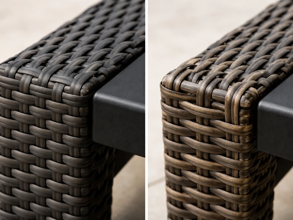 Side-by-side close-up of tight resin wicker weave versus looser fraying wrap on metal frames