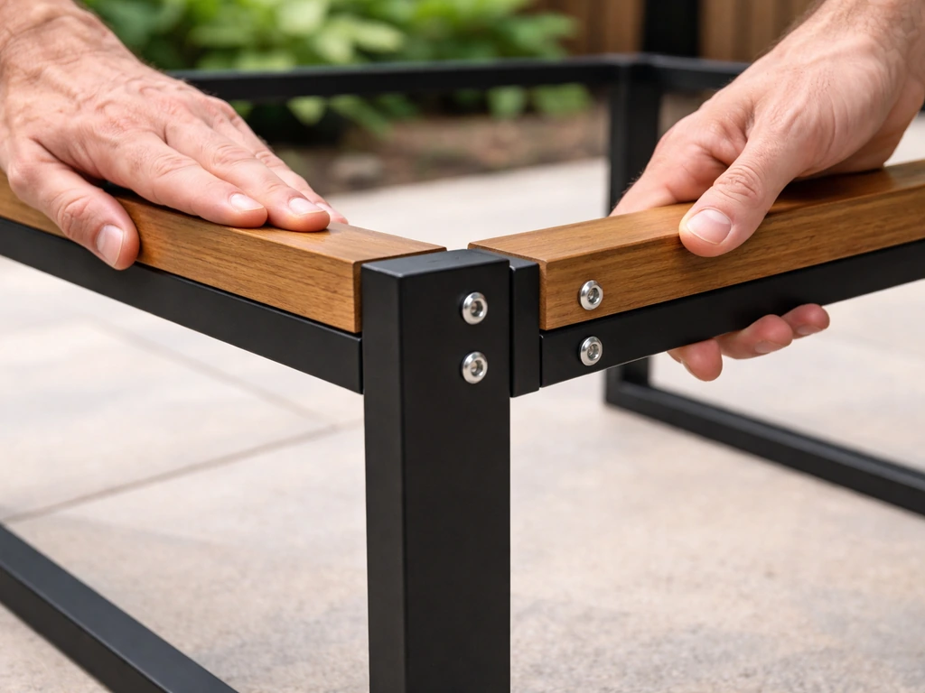 Close-up hands gently testing a patio chair frame for wobble, showing solid joints and sturdy connections.