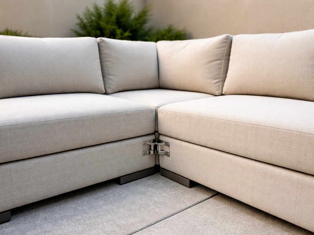 Outdoor modular patio sectional showing connected seam with locking hardware and thick cushions