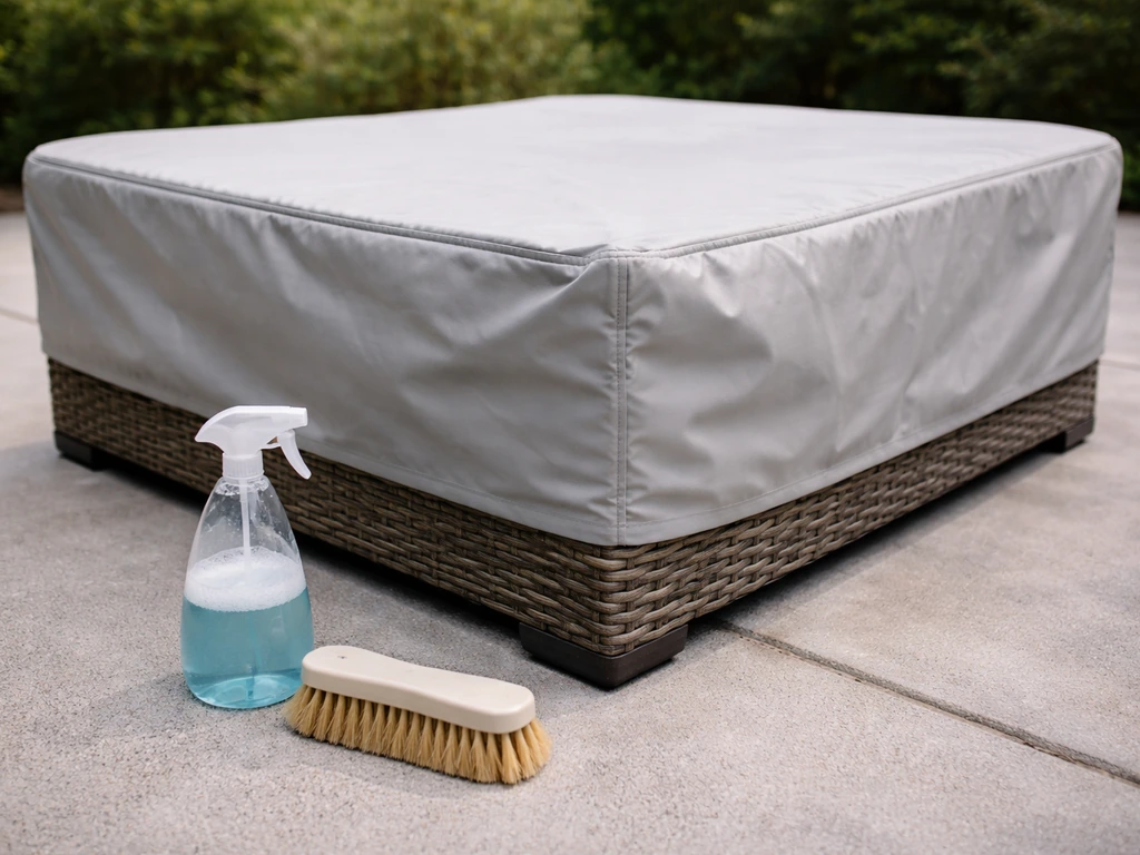 Covered resin wicker and aluminum patio furniture with a mild soap bottle and soft brush for cleaning.