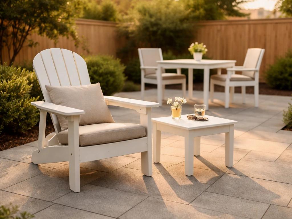 Inviting American-style outdoor patio with weather-ready HDPE poly-lumber Adirondack chair and dining set.