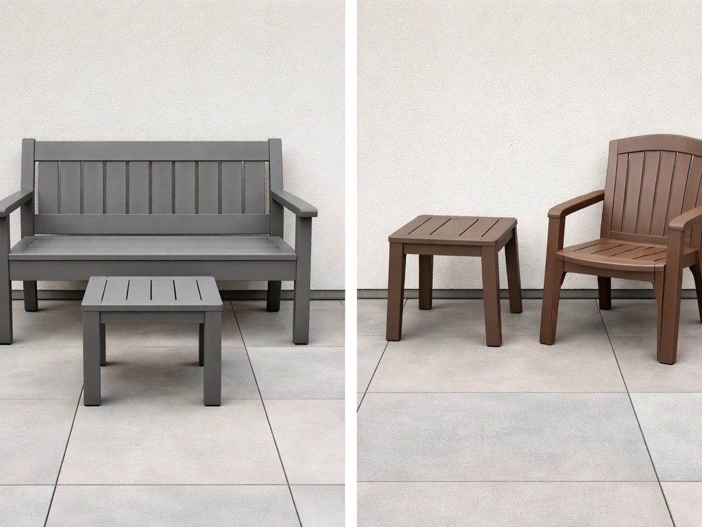 Side-by-side outdoor furniture: matte gray poly-lumber look versus simpler glossy resin-style pieces.