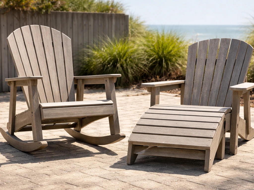 Sunlit poly-lumber rocker and lounge chair outdoors showing durable texture and steady color.