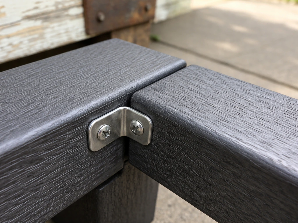 Close-up of HDPE poly lumber boards with a durable stainless fastener at the outdoor corner joint.