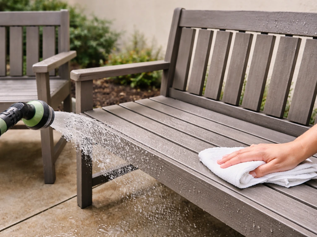 Poly-lumber patio furniture gets a hose rinse and wipe-down on a concrete patio after outdoor exposure.