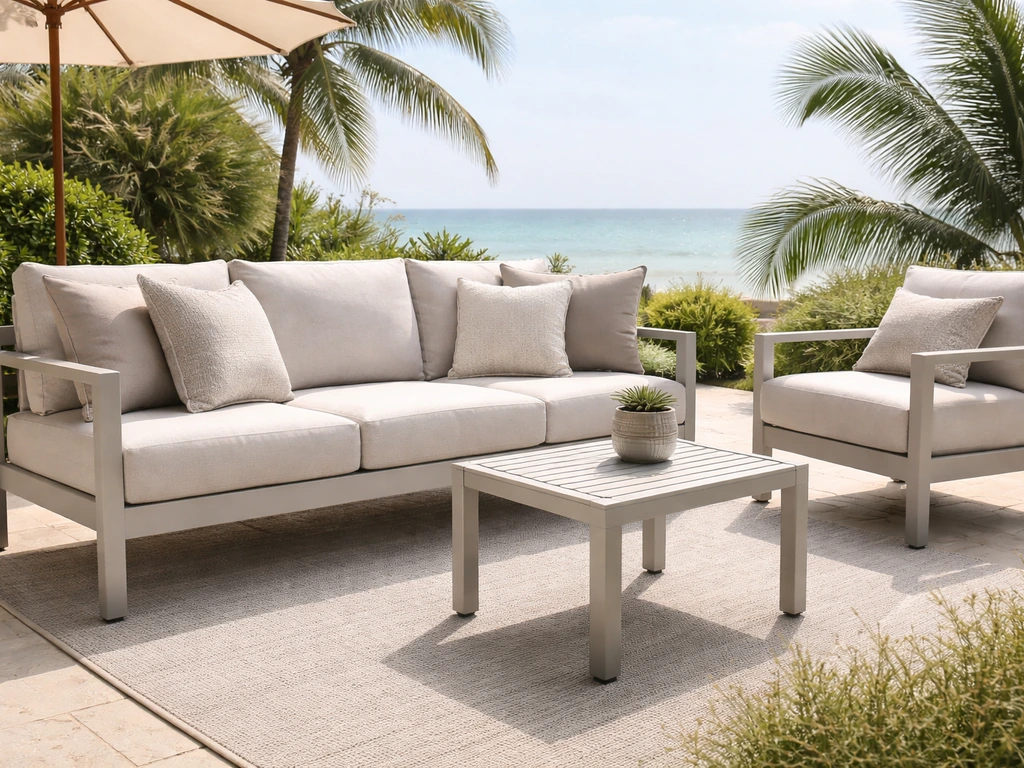 Sunny coastal patio with aluminum-framed outdoor seating and weather-ready cushions in humid light