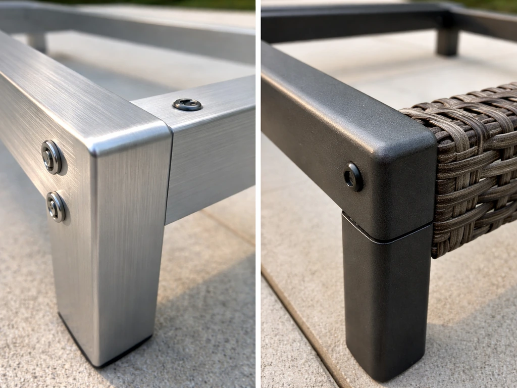 Close-up side-by-side details of an aluminum outdoor frame and a steel/resin-wicker frame with hardware.