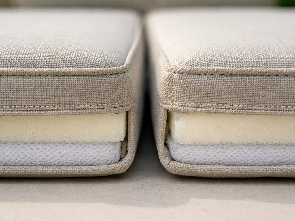 Macro close-up of outdoor cushions showing neat premium seams and foam layers beside a lower-tier texture.
