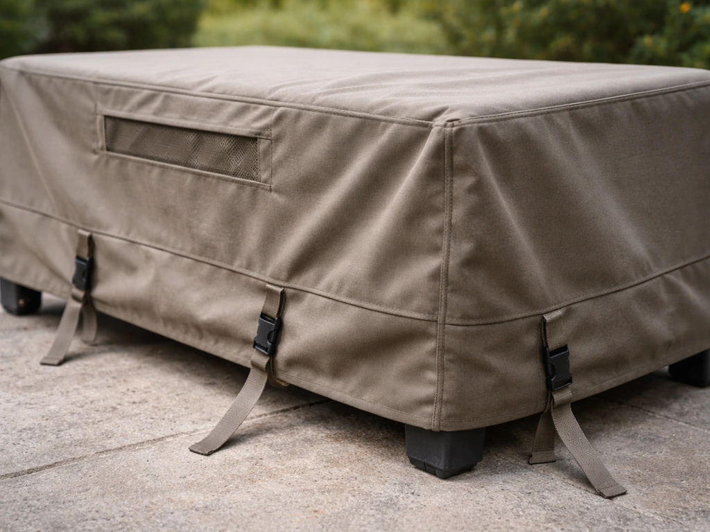 Close-up of a fitted outdoor patio furniture cover showing air vents and tie-down straps.