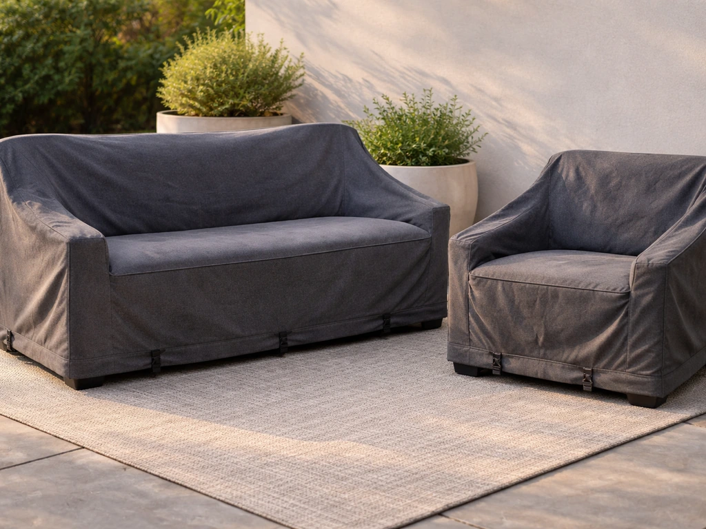 Outdoor patio with Empire-style fitted furniture covers secured on sofa and chairs, cushion protected from weather.