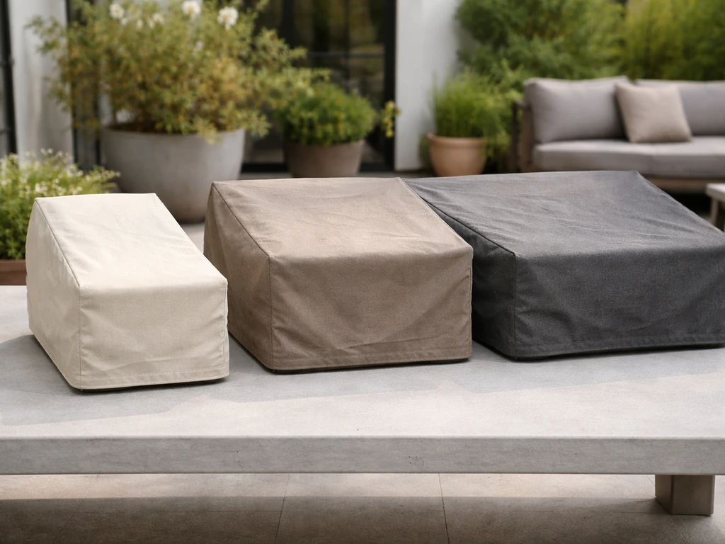 Minimal tabletop scene with neatly arranged outdoor furniture covers in chair, loveseat, and sectional styles