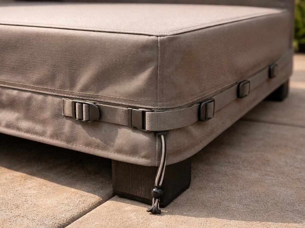 Closeup of a patio sofa cover corner with built-in straps, buckles, and a secure hem wrap against wind.