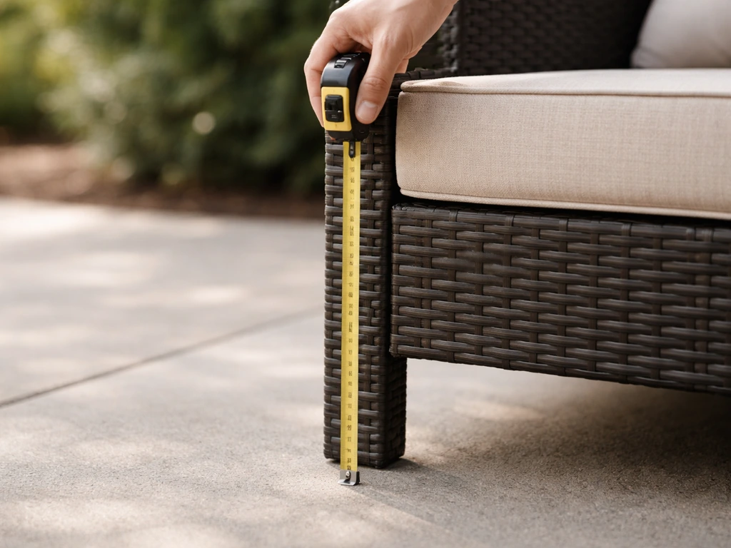Anonymous hand measuring the height of an outdoor patio furniture frame with a tape measure.