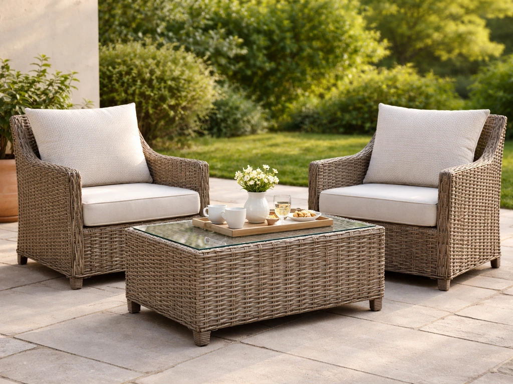 Inviting backyard patio with a wicker conversation set and coffee table in natural light.