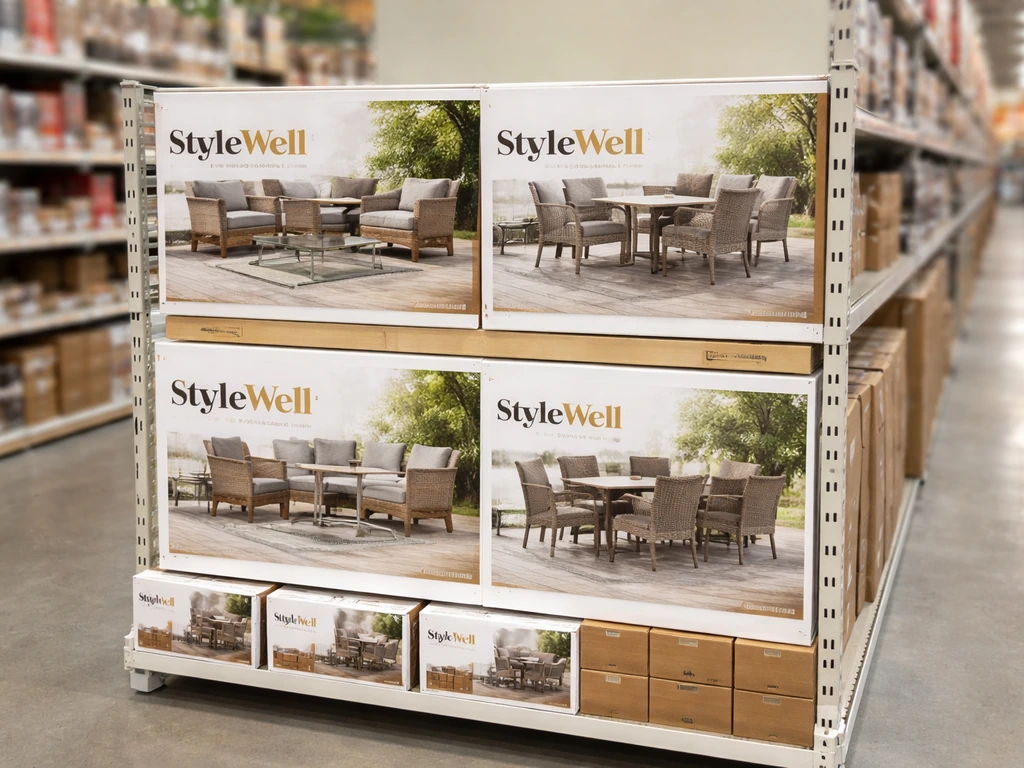 StyleWell patio furniture boxes on a Home Depot display shelf in an aisle.