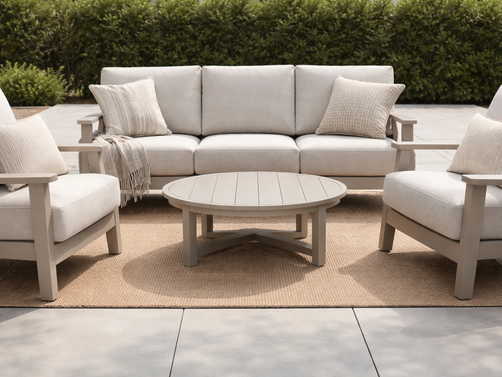 Outdoor patio view of thick-cushioned conversation set from a seated perspective, showing seat height and comfort.