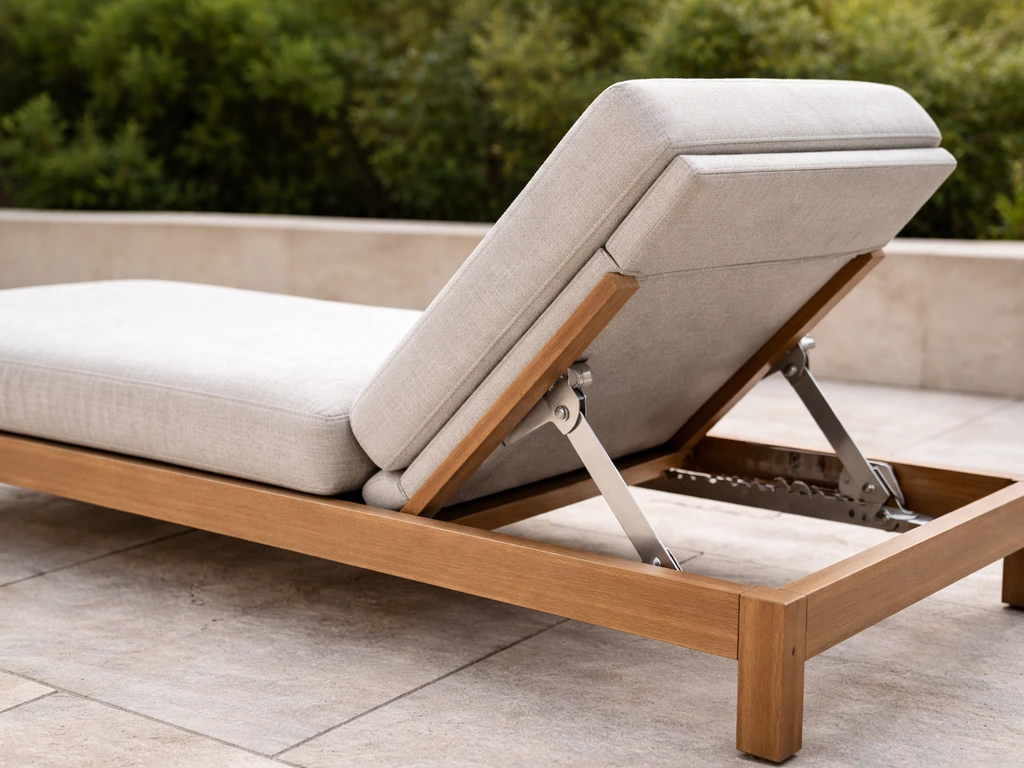 Close view of a chaise lounge’s thick cushion and simple recline hardware on a quiet patio.