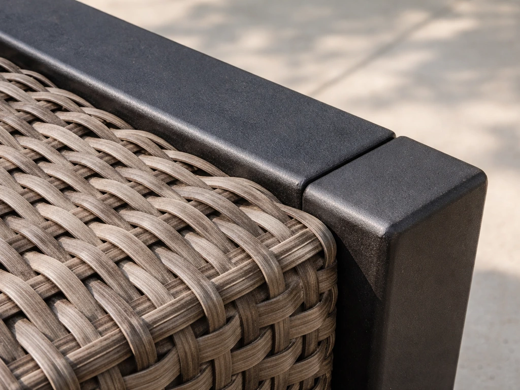 Close-up of powder-coated steel frame and hand-woven resin wicker showing smooth finish and slight weather wear.