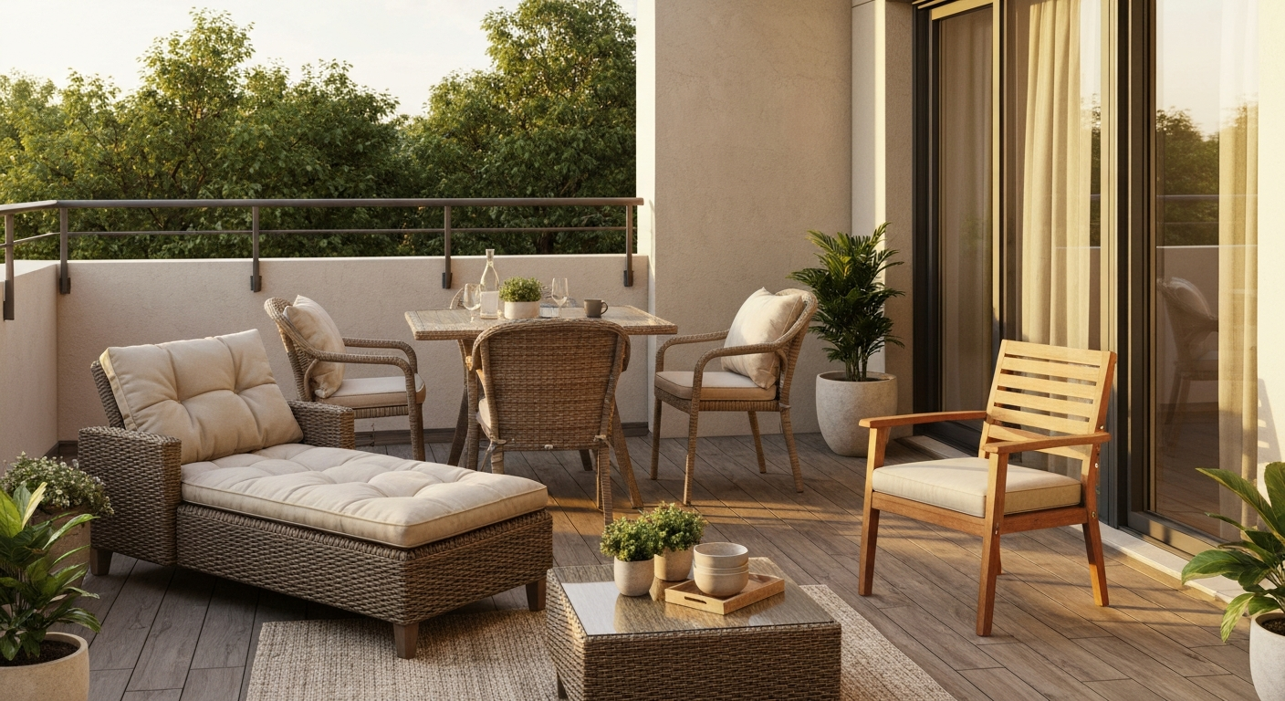Inviting outdoor patio with a variety of comfortable chairs (wicker lounge, wicker dining chairs, compact wooden armchair, PE rattan chair) in warm late-afternoon light, showing cushion thickness and material textures.