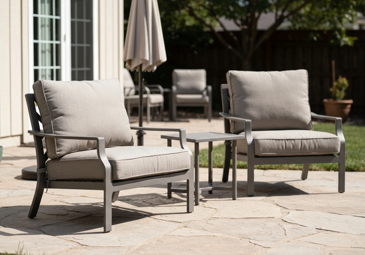 Elegant outdoor patio seating with cushioned cast-aluminum chairs and small table in warm sunlight