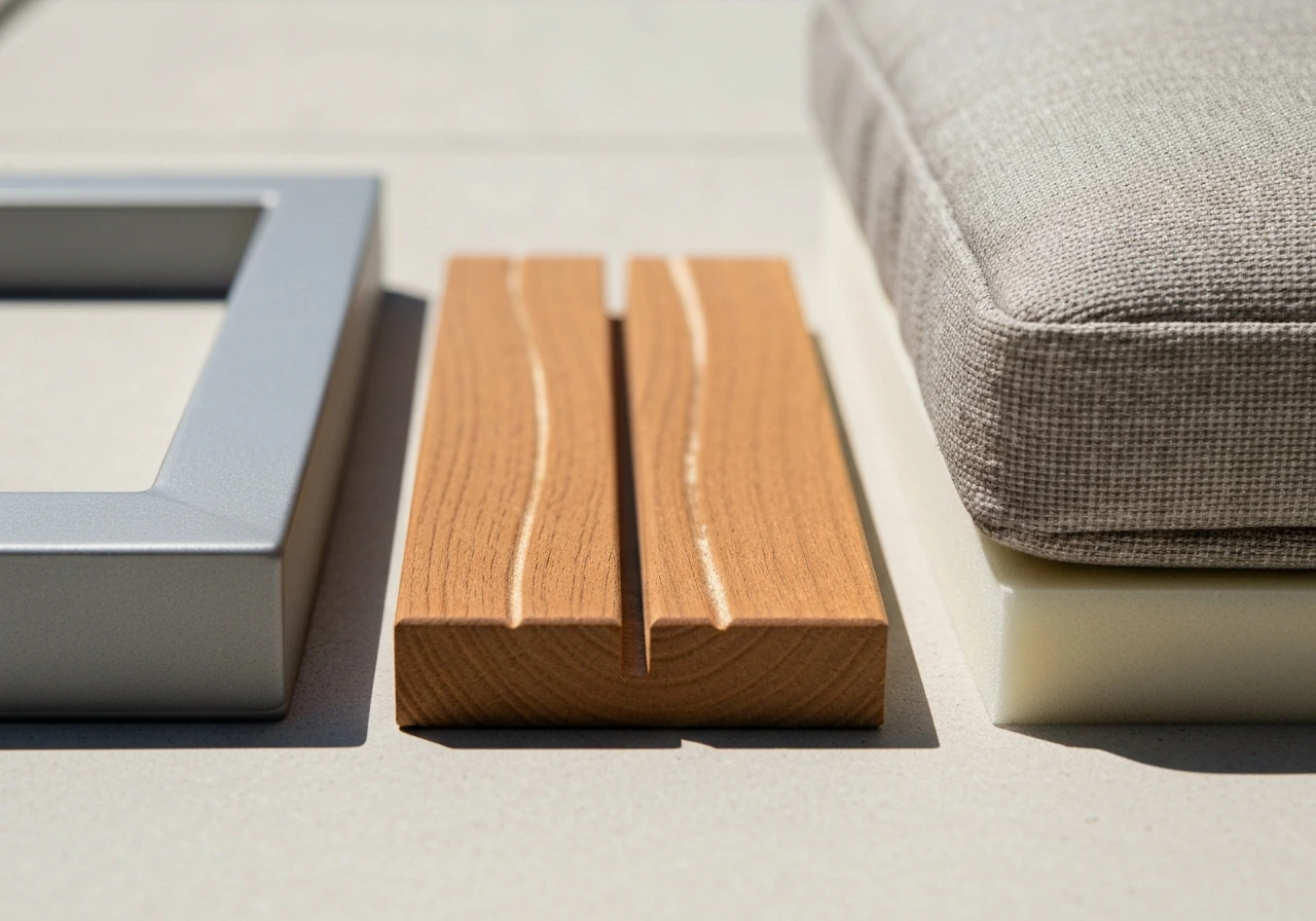 Close-up comparison of patio furniture materials: powder-coated cast aluminum, teak-like polymer, and fabric cushion.