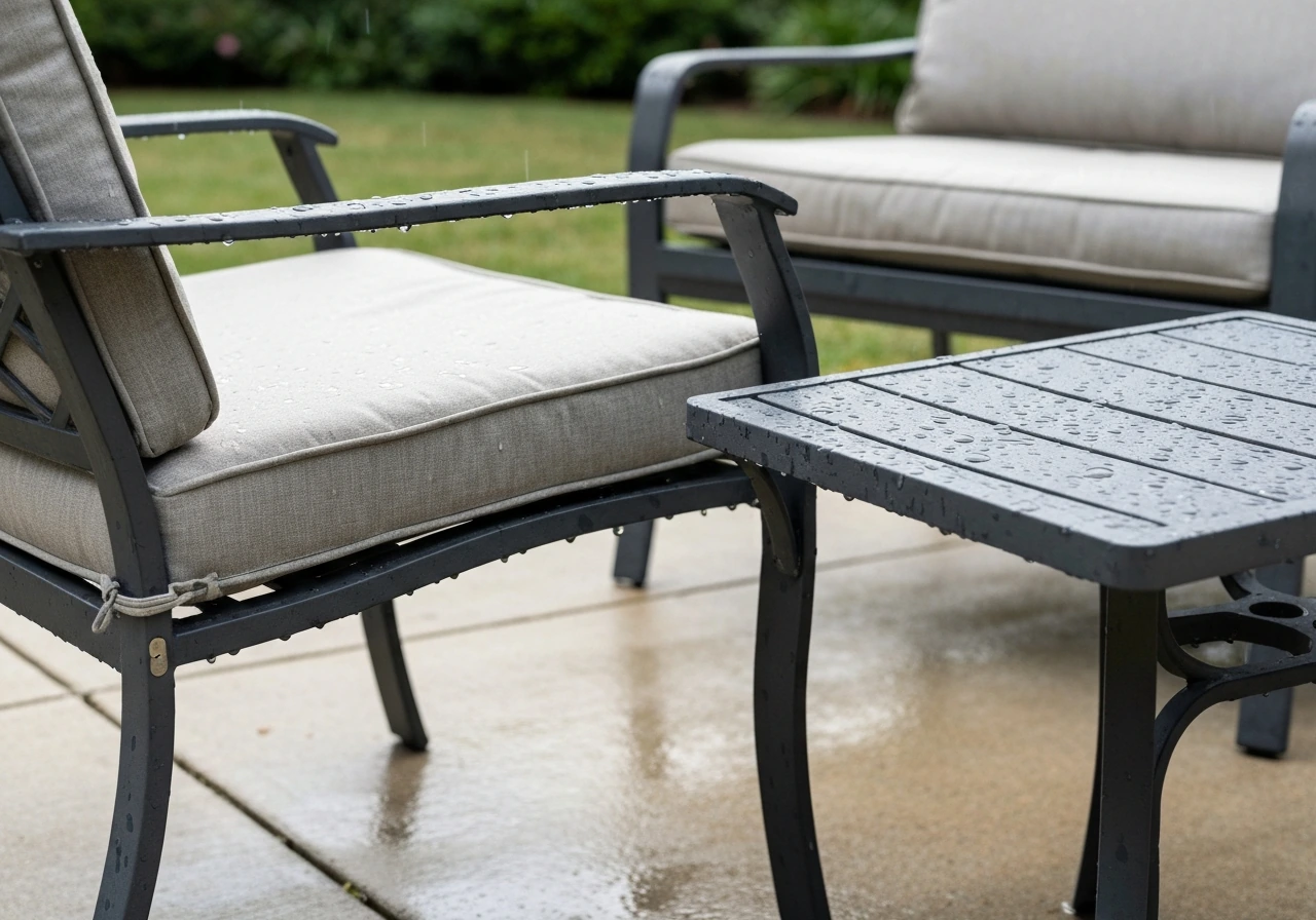 Outdoor cast aluminum patio set with water-beaded frame and clean powder-coat after sun and rain