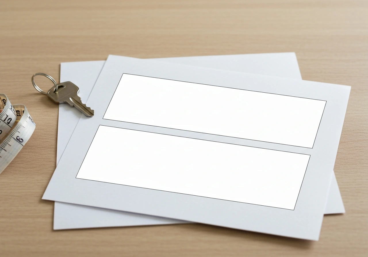 Close-up of blank warranty/returns papers on a light wood desk with keys and a measuring tape nearby.