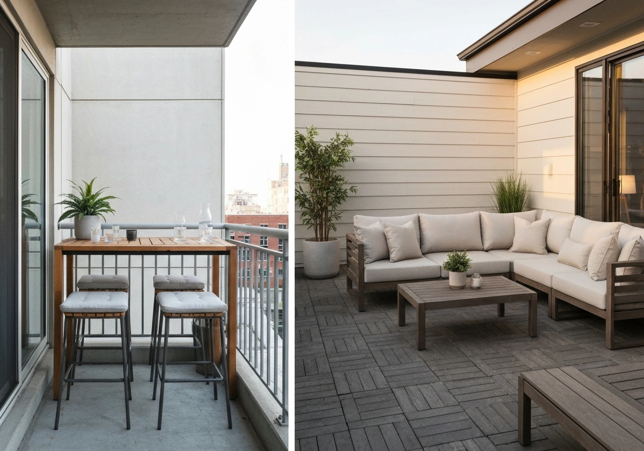 Two patio setups: compact balcony with bar-stool height seating and a larger deep-seating entertaining area.