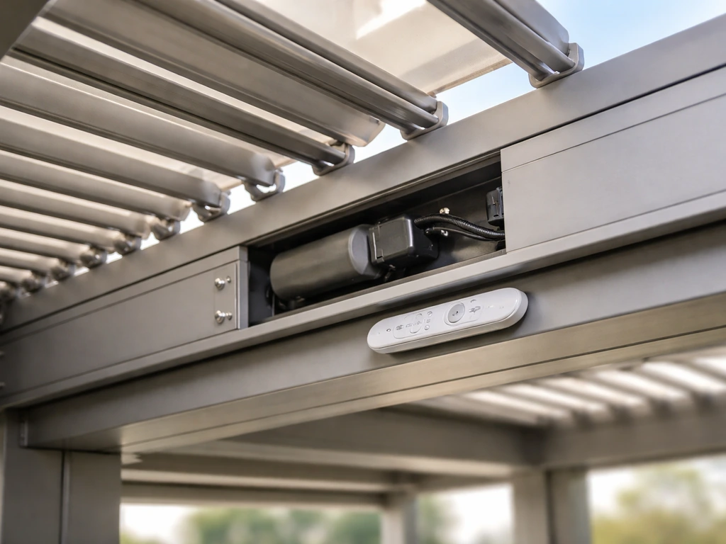 Close-up of motorized louvered roof components with aluminum frame and remote/controller elements