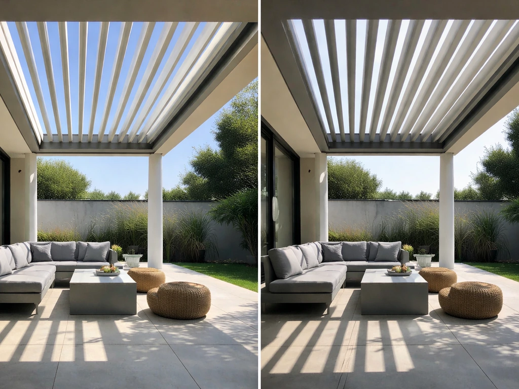 Side-by-side view of an open vs partially closed louvered patio roof showing bright sun and shaded area.