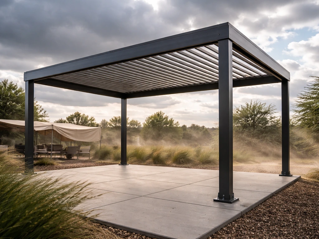 Louvered aluminum roof in strong wind with stable posts, motionless while fabric-like cover flaps behind