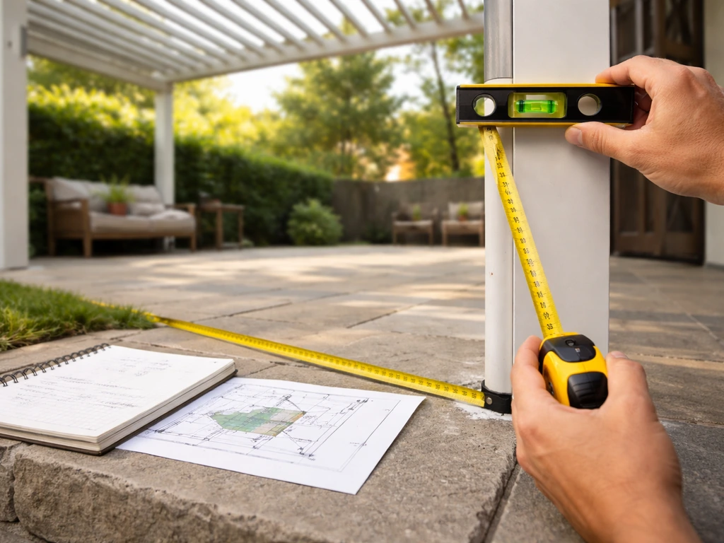 Hands measuring a patio with a tape measure and level near an overhead louvered roof structure.