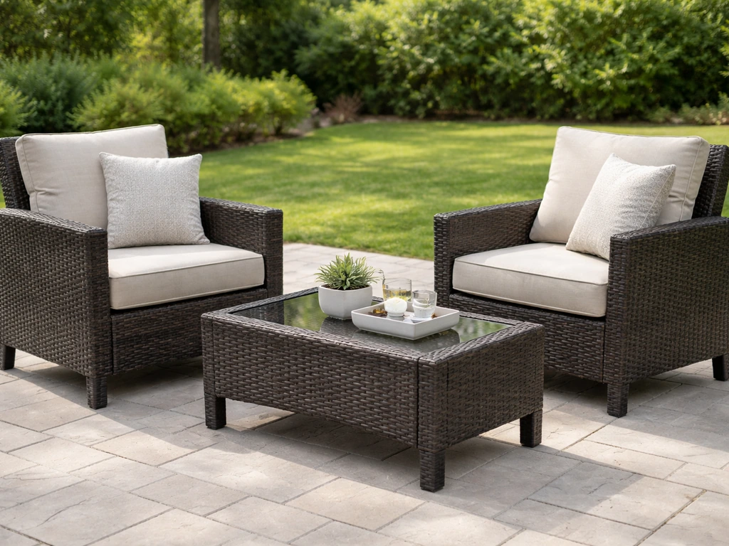 All-weather wicker patio set with aluminum frame on a neat outdoor patio, showing comfort and durability.