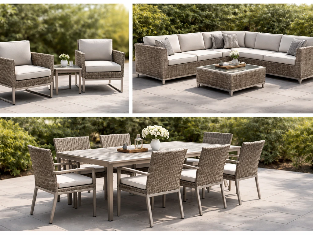 Collage of wicker-and-aluminum patio furniture silhouettes: conversation, sectional, and dining sets in neutral outdoor