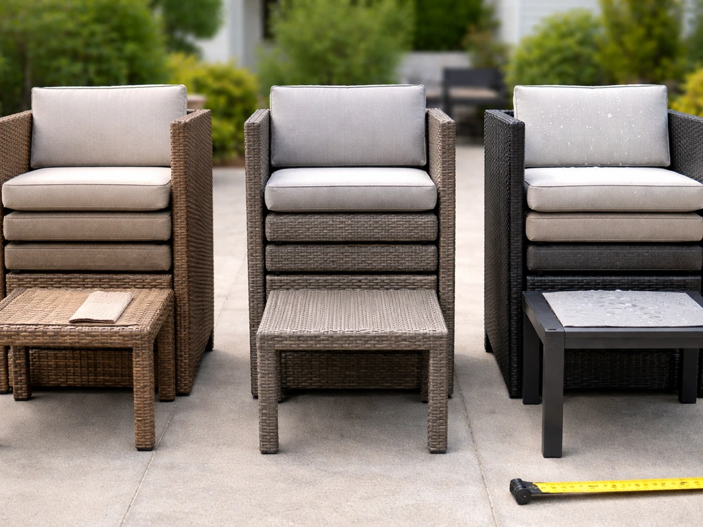 Outdoor patio furniture set samples arranged side-by-side to suggest value and weather resistance.