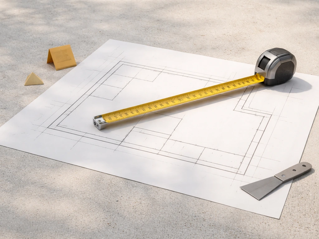 Measuring tape on a simple patio layout with small caution icons indicating purchase checklist