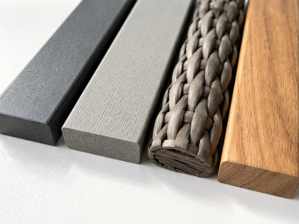 Close-up of four chair material samples: powder-coated metal, HDPE slat, resin wicker, and teak wood grain.