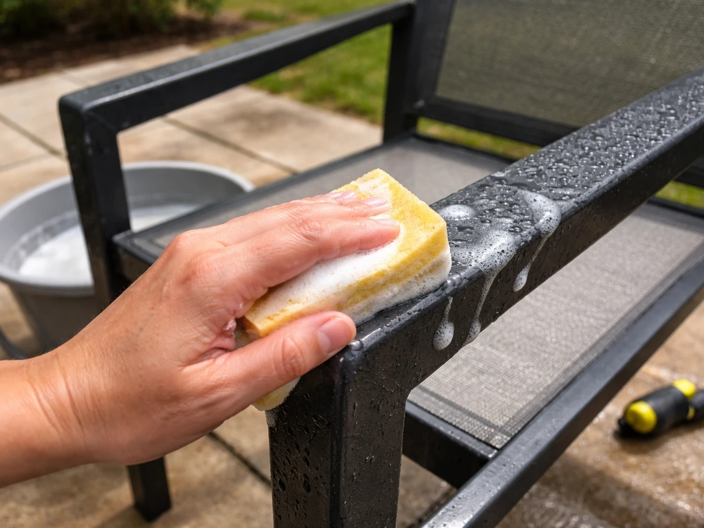 Hand scrubbing a powder-coated metal frame with a soft sponge in warm soapy water, bucket nearby.