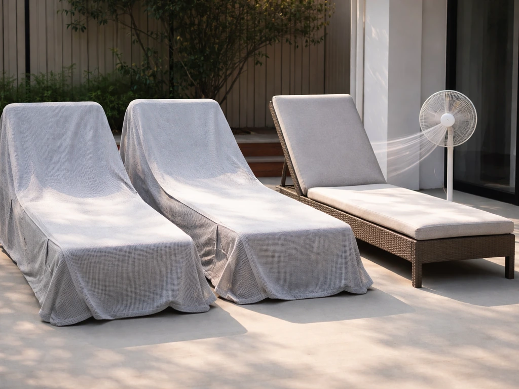 Outdoor chairs with breathable covers and one chair air-drying nearby with gentle airflow.
