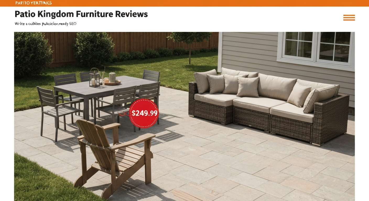 Backyard patio scene with an HDPE dining set, wicker sectional, and Adirondack chair; sale tag showing $829.99 crossed out and $249.99 highlighted.