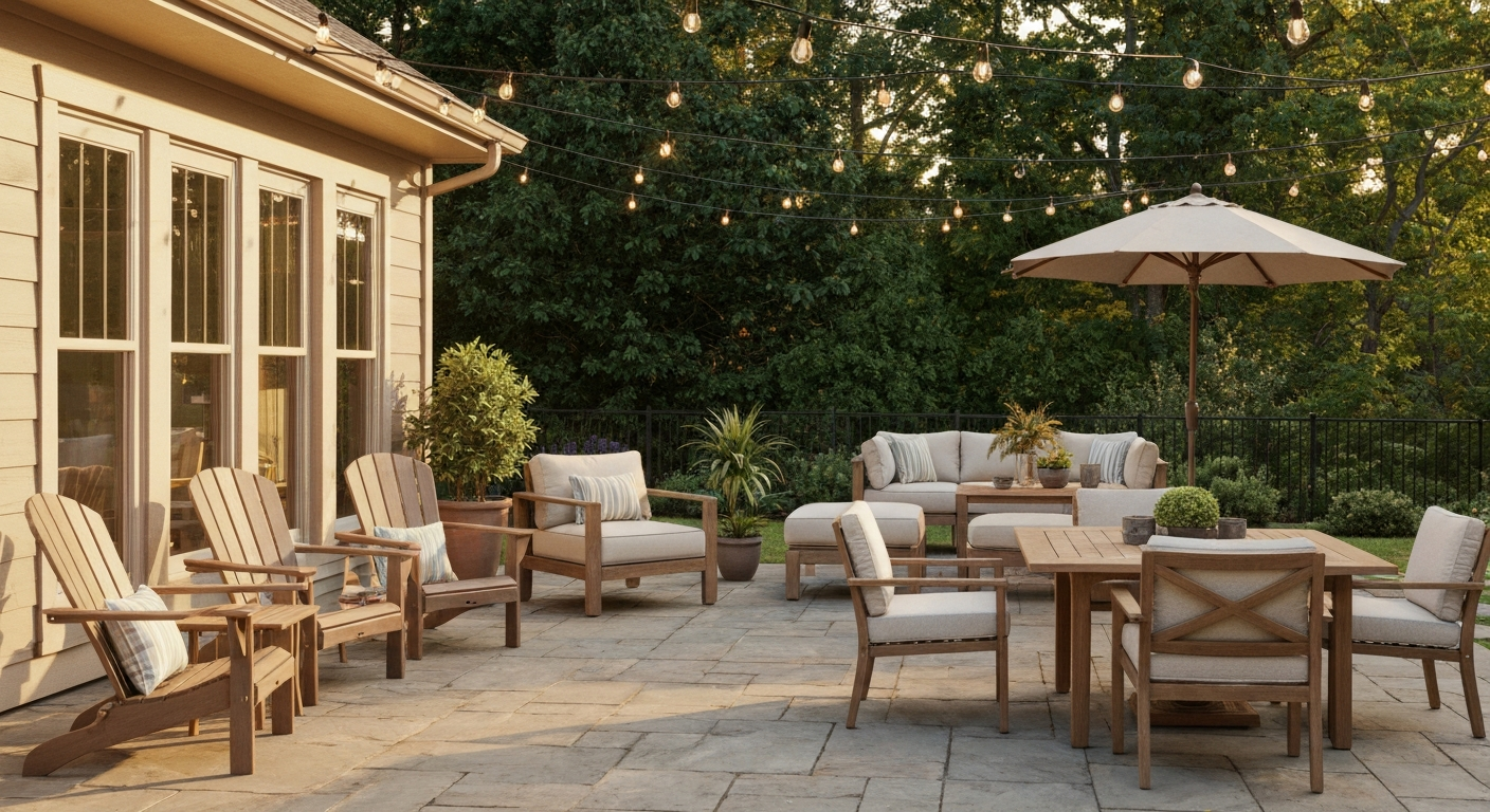 Inviting backyard patio at golden hour with a mix of Adirondack chairs, modular sectional, teak dining table, umbrella, and string lights.