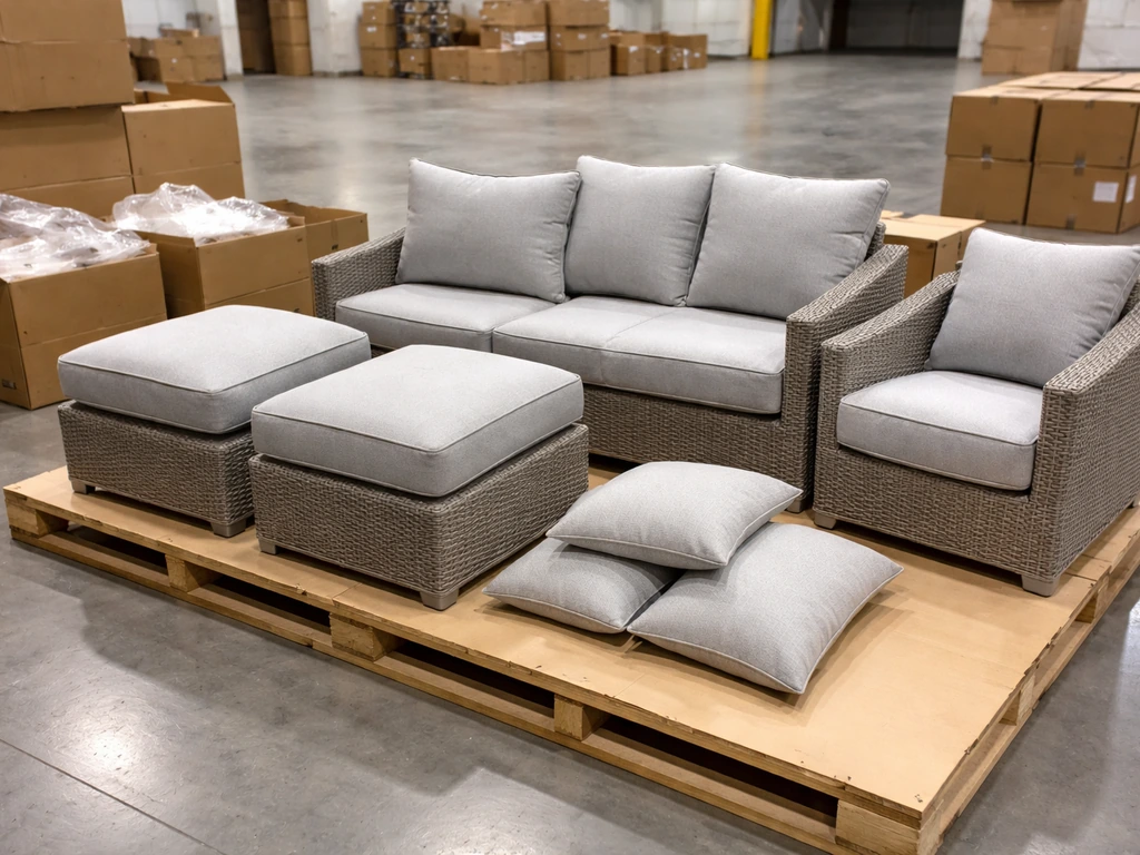 Agio deep-seating conversation set components and cushions laid out on a Costco warehouse pallet.