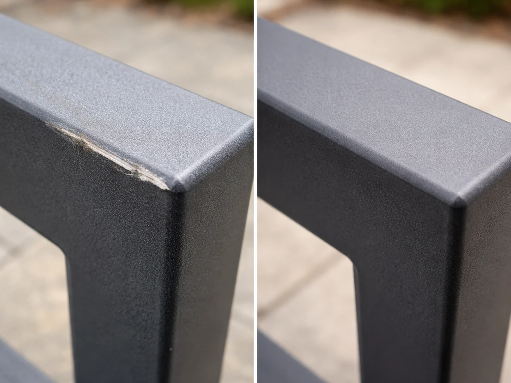 Split-screen close-up of scratched aluminum frame showing exposed metal versus intact powder-coated finish.
