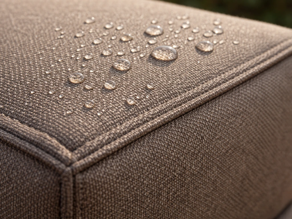 Close-up of outdoor cushion fabric weave with crisp stitching and water beads on Sunbrella-style material.
