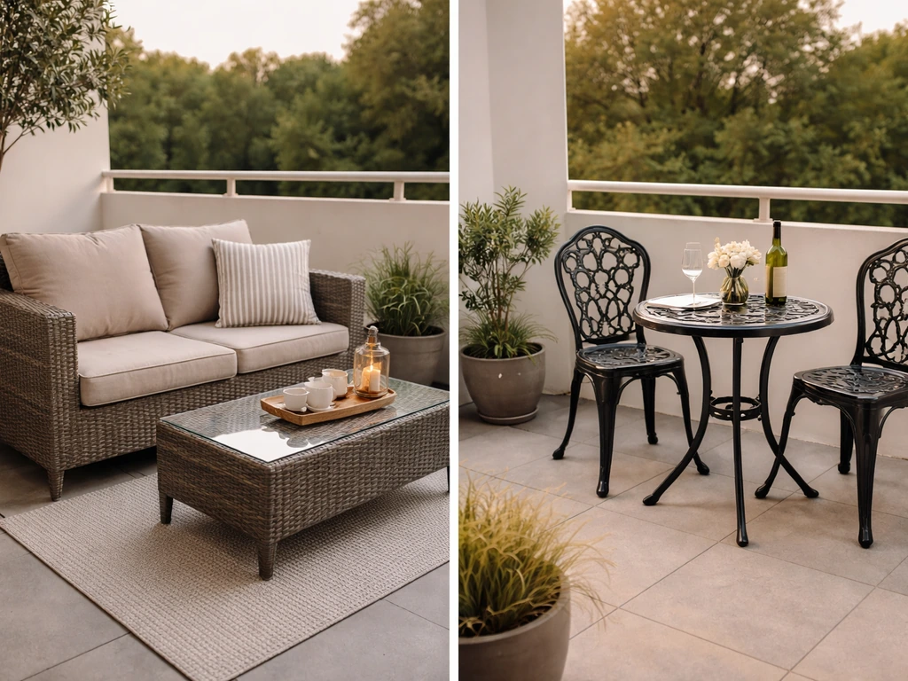 Home patio with a PE rattan lounge set and cast-aluminum bistro table in natural light.