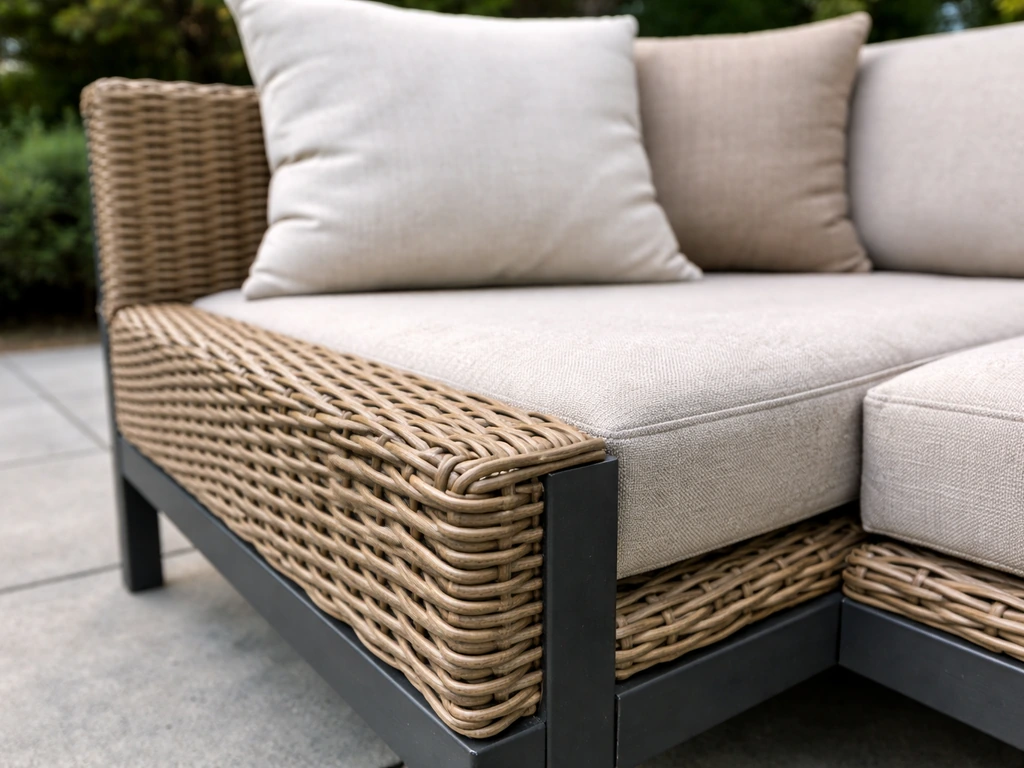 Close-up of an outdoor PE rattan lounge set showing steel frame wrap and cushions